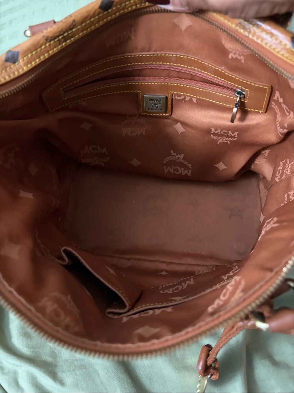 MCM Cognac Logo Print Leather Tote with Gold Plaque. - Picture 5 of 6